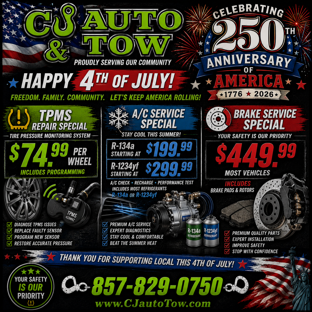 4th of July Special — TPMS $74.99/wheel, A/C from $199.99, Brakes $449.99